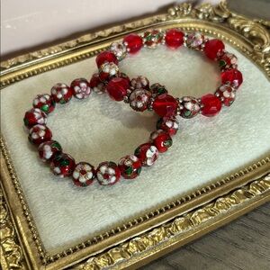 Cloisonne Bead Necklace & Bracelet Red Enamel Flowers Stretch